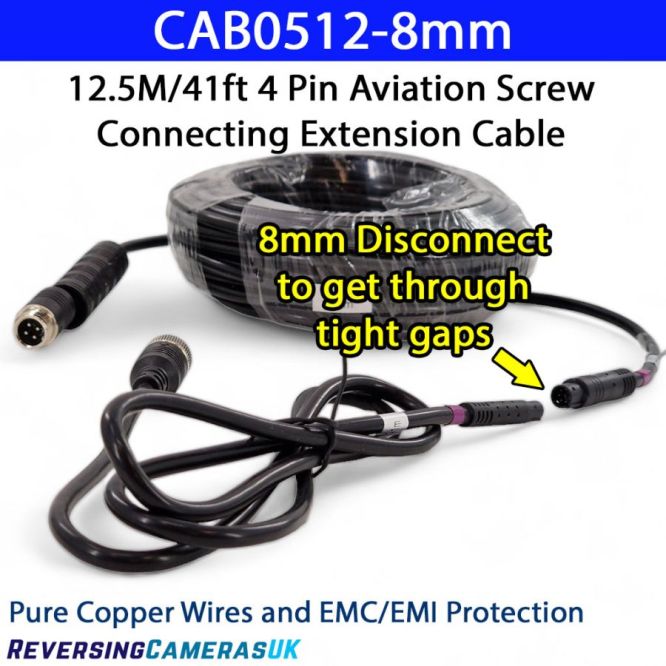 12.5M 4 Pin Reversing Camera Extension Cable with 8mm Disconnect - Male & Female Aviation GX12