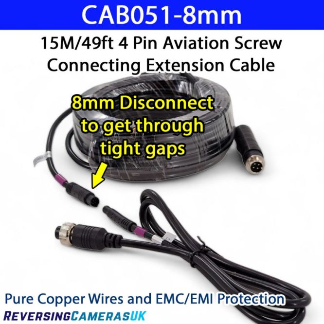 15M 4 Pin Reversing Camera Extension Cable with 8mm Link - Male & Female Aviation GX12