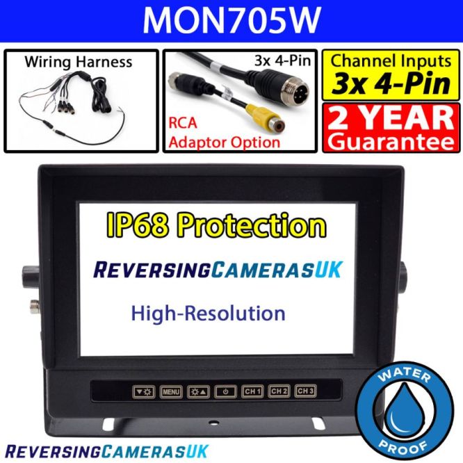 IP68 Dust/Waterproof 7'' High-Resolution LCD Monitor Display for Reverse Cameras 12V/24V