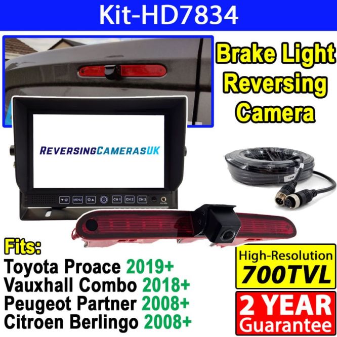 Peugeot Partner (2008+)/Citroen Berlingo, Vauxhall Combo (2018+), and Toyota Pro Ace City (2019+) Brake Light Reversing camera Kit with 7'' monitor