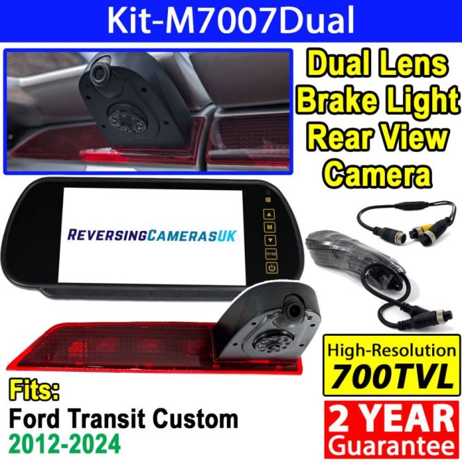 Ford Transit Custom Dual Lens Reversing + Rear View Camera System with Mirror Monitor to fit Brake Light on 2012 to 2024 vans