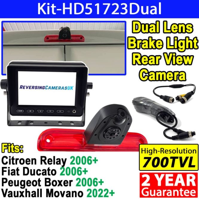 Dual-Lens Brake Light Reversing & Rear-View Camera Kit with 5 Dash Monitor for Fiat Ducato, Peugeot Boxer, Citroen Relay, Movano