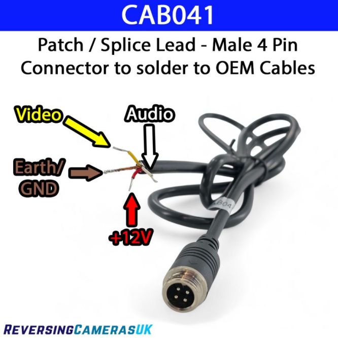 Patch Splice Lead - 4 Pin Male to Bare wires to solder to existing reversing camera cable